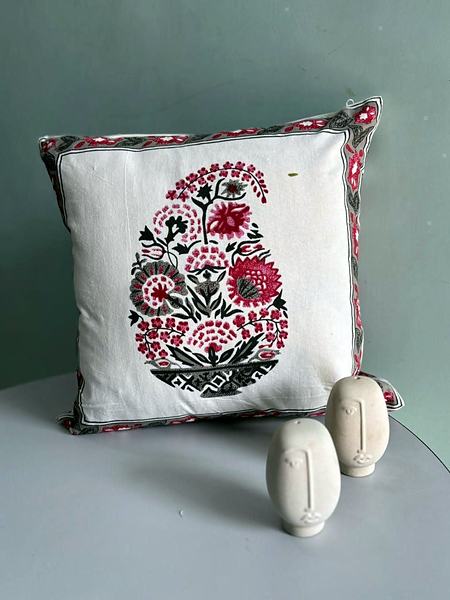 White Pink Paisley Motif Block Print Cotton Cushion Cover - White, Pink, Black