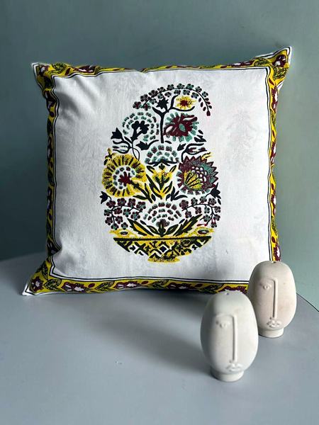 Yellow Black Paisley Motif Block Print Cotton Cushion Cover - White, Yellow, Black