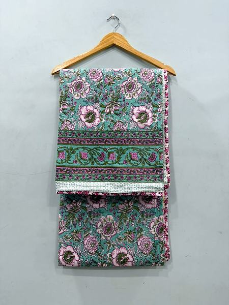 Aqua Pink Floral Block Print Cotton Dohar - Aqua, Pink, Green