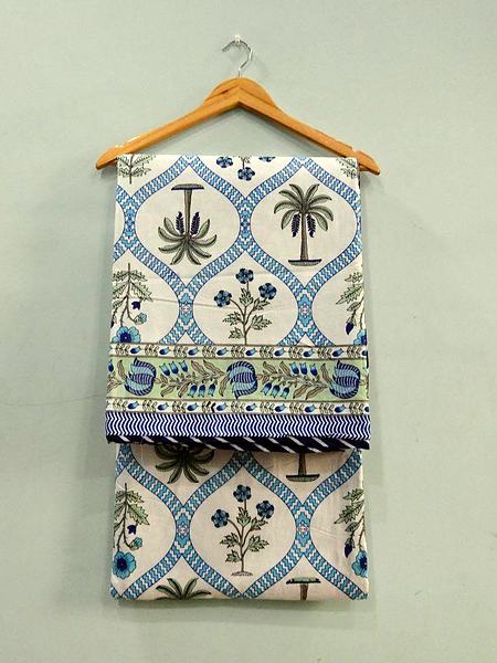Blue White Palm Tree Block Print Cotton Dohar - Blue, White