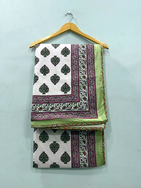 Green Pink Buti Block Print Cotton Dohar - White, Green, Pink