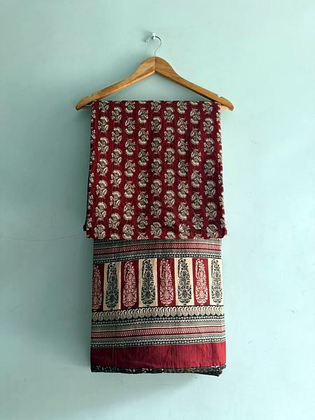 Maroon Buti Block Print Cotton Dohar - Maroon, Cream