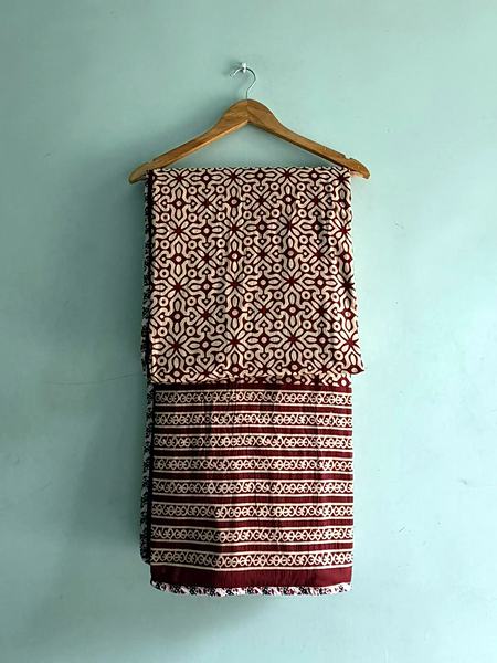 Maroon Cream Geometric Block Print Cotton Dohar - Maroon, Cream