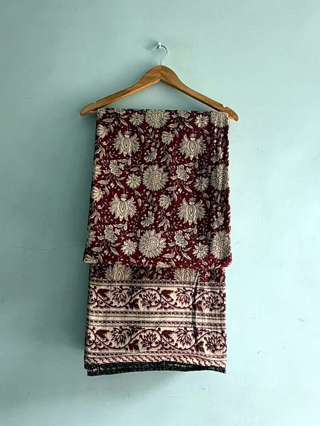 Maroon Floral Block Print Cotton Dohar - Maroon, Cream