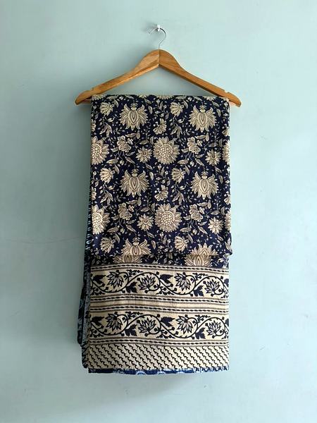 Navy Blue Floral Block Print Cotton Dohar - Navy Blue, Cream