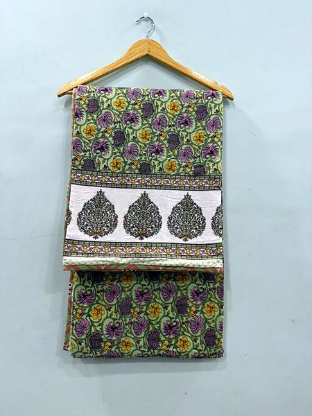 Olive Green Floral Block Print Cotton Dohar - Olive Green, Purple, Cream