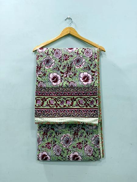 Sage Pink Floral Block Print Cotton Dohar - Sage Green, Pink, Maroon