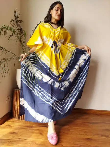 Yellow Navy Tie-Dye Cotton Kaftan Long Dress, design CK-01