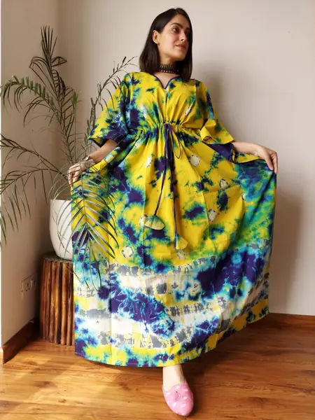 Yellow Blue Multicolour Tie-Dye Cotton Kaftan Long Dress, design CK-02