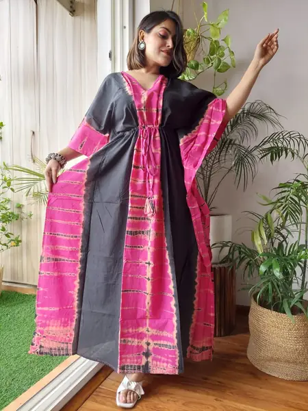 Pink Grey Panel Print Cotton Kaftan Long Dress, design CK-03