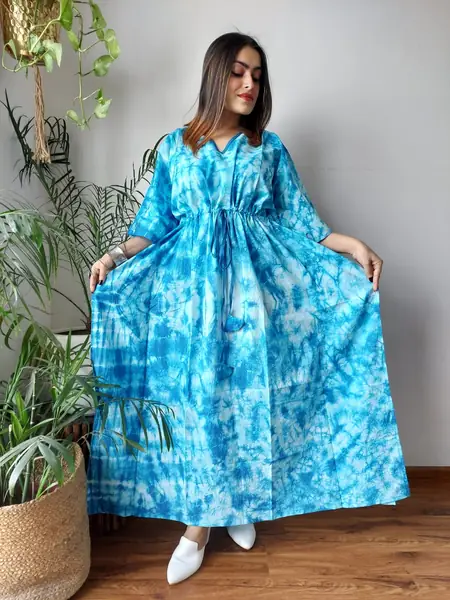 Sky Blue Tie-Dye Cotton Kaftan Long Dress, design CK-04