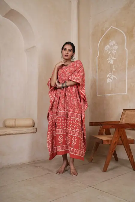 Coral Orange Block Print Cotton Kaftan Long Dress, design CK-05