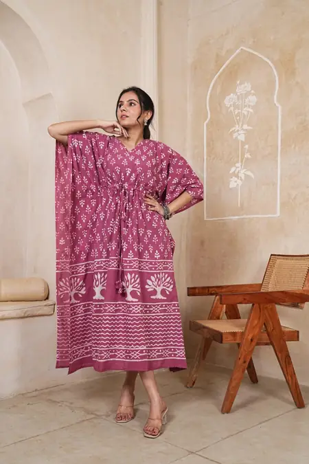 Magenta Pink Buti Print Cotton Kaftan Long Dress, design CK-06