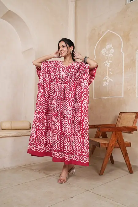 Red White Floral Block Print Cotton Kaftan Long Dress, design CK-07