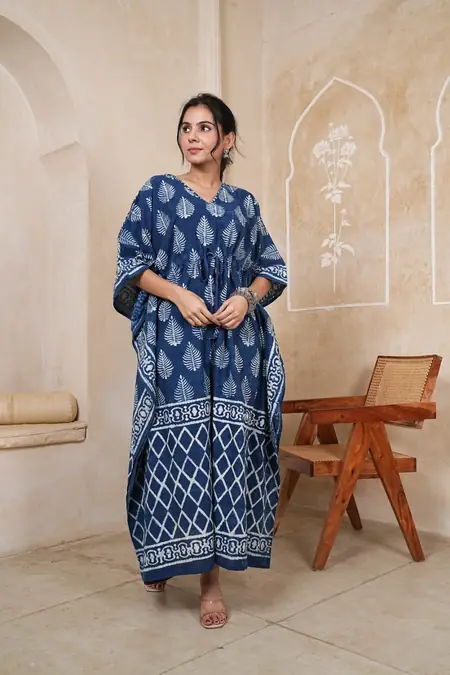 Indigo Blue Geometric Print Cotton Kaftan Long Dress, design CK-08