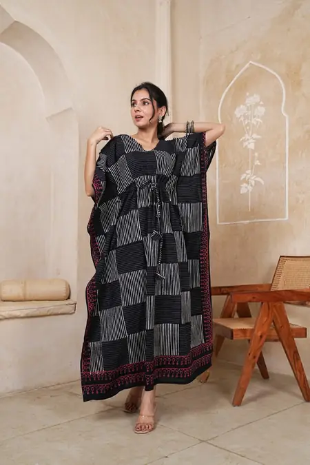Black Grey Check Print Cotton Kaftan Long Dress, design CK-09
