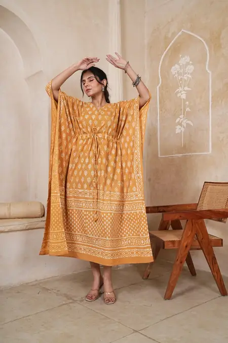Mustard Yellow Block Print Cotton Kaftan Long Dress, design CK-11