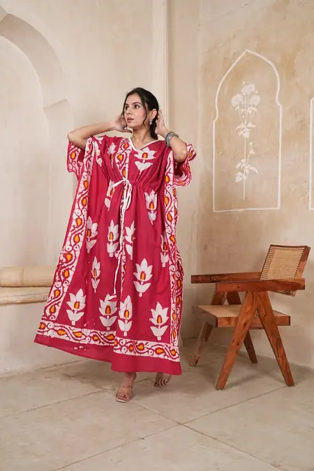 Red Floral Motif Print Cotton Kaftan Long Dress, design CK-12