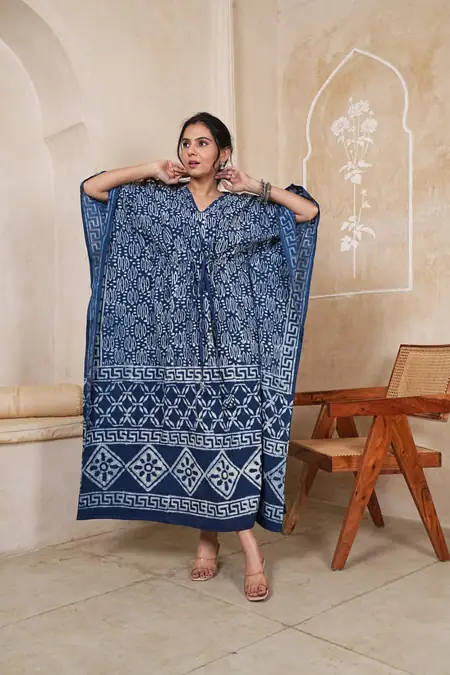 Navy Blue Geometric Border Print Cotton Kaftan Long Dress, design CK-13