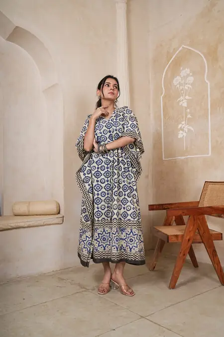 Grey White Geometric Print Cotton Kaftan Long Dress, design CK-14