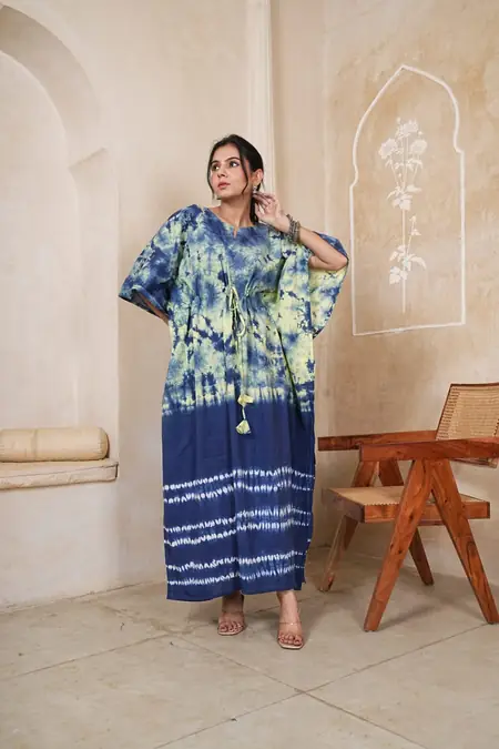 Lime Indigo Tie-Dye Cotton Kaftan Long Dress, design CK-15