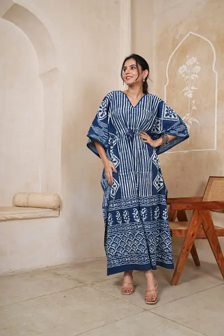 Indigo White Stripe Print Cotton Kaftan Long Dress, design CK-16