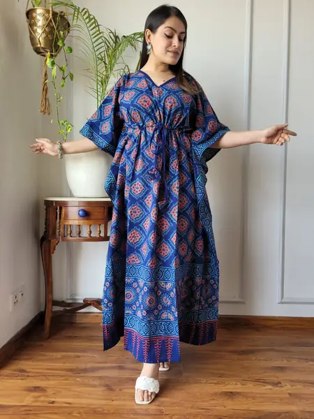 Blue Red Ajrak Style Print Cotton Kaftan Long Dress, design CK-18