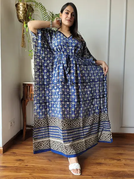 Navy Blue Floral Border Print Cotton Kaftan Long Dress, design CK-19