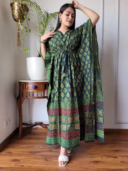 Green floral block print cotton kaftan long dress