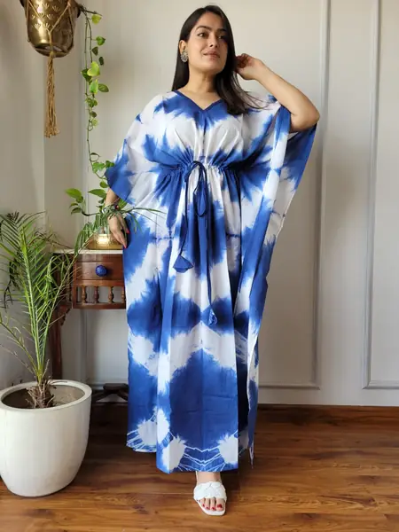 Blue White Tie-Dye Cotton Kaftan Long Dress, design CK-21