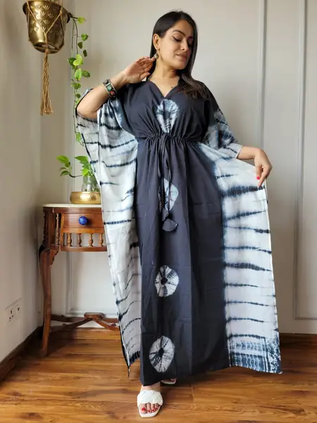 Black White Shibori Cotton Kaftan Long Dress, design CK-22