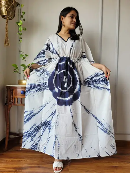 White navy spiral tie-dye cotton kaftan long dress