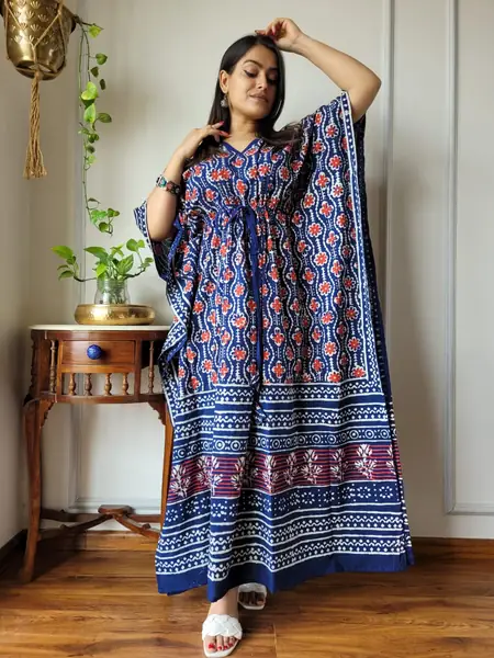 Blue Red Floral Border Print Cotton Kaftan Long Dress, design CK-24