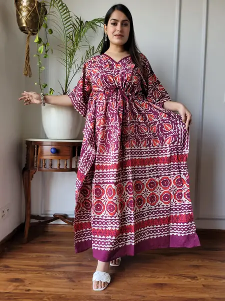 Pink Red Geometric Border Print Cotton Kaftan Long Dress, design CK-25