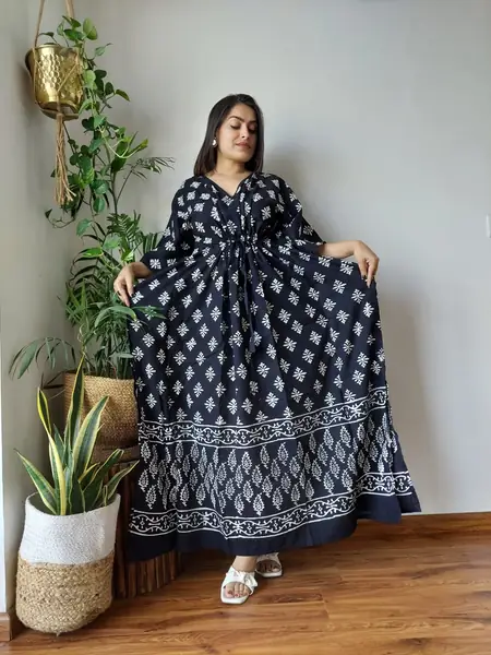 Black White Buti Print Cotton Kaftan Long Dress, design CK-26