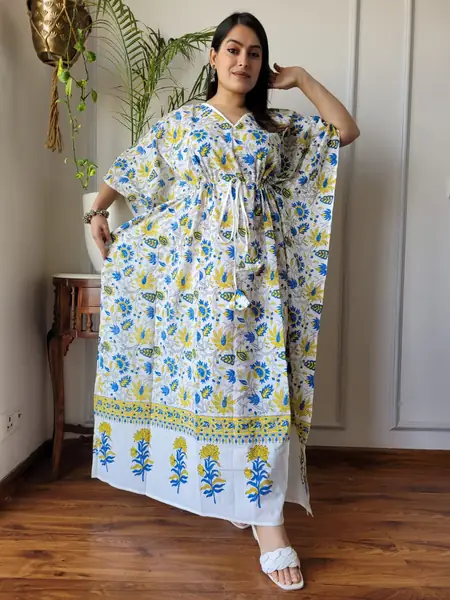 White Yellow Floral Print Cotton Kaftan Long Dress, design CK-27