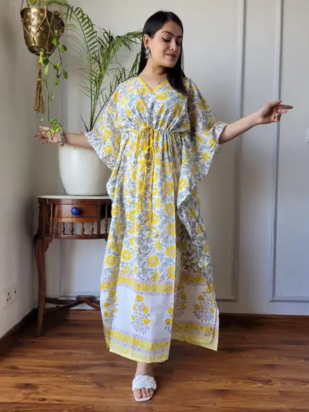 Yellow White Floral Print Cotton Kaftan Long Dress, design CK-28
