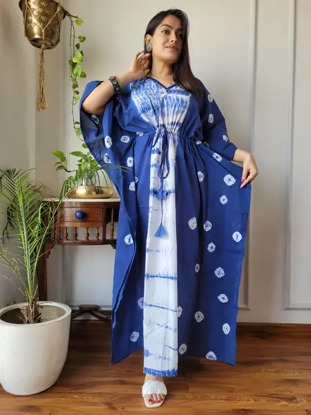 Royal Blue White Shibori Cotton Kaftan Long Dress, design CK-29