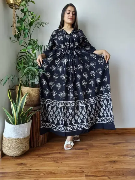 Black Floral Buti Border Print Cotton Kaftan Long Dress, design CK-30