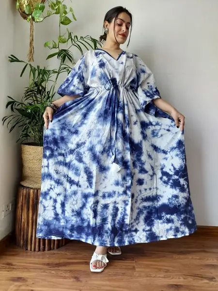 Blue White Marble Tie-Dye Cotton Kaftan Long Dress, design CK-31