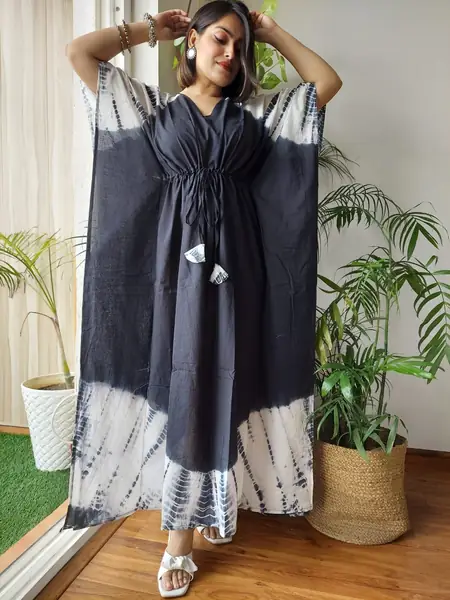 Black White Dip-Dye Cotton Kaftan Long Dress, design CK-32