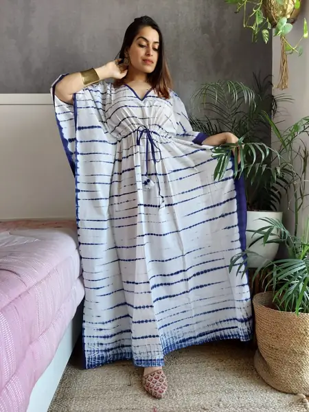 White Navy Shibori Stripe Cotton Kaftan Long Dress, design CK-33