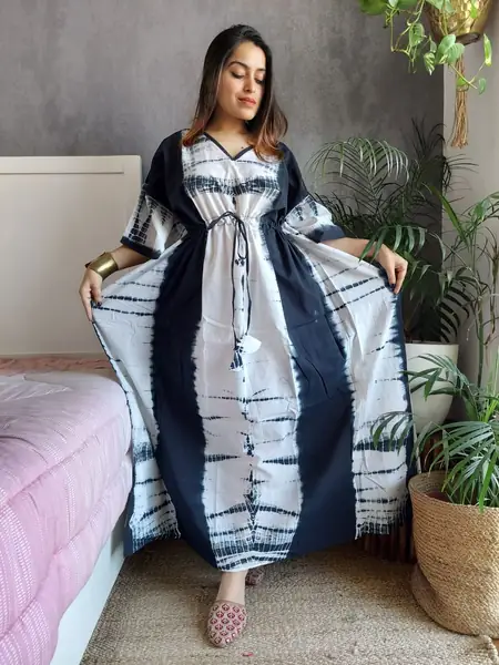 Navy White Shibori Panel Cotton Kaftan Long Dress, design CK-34