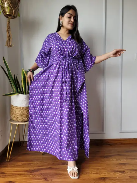 Purple Polka Buti Print Cotton Kaftan Long Dress, design CK-35