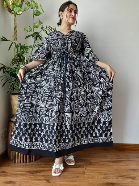 Black White Floral Block Print Cotton Kaftan Long Dress, design CK-36