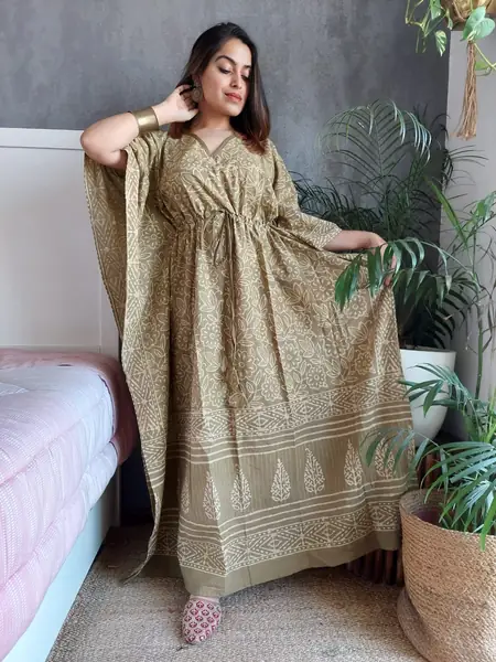 Beige Olive Leaf Print Cotton Kaftan Long Dress, design CK-37