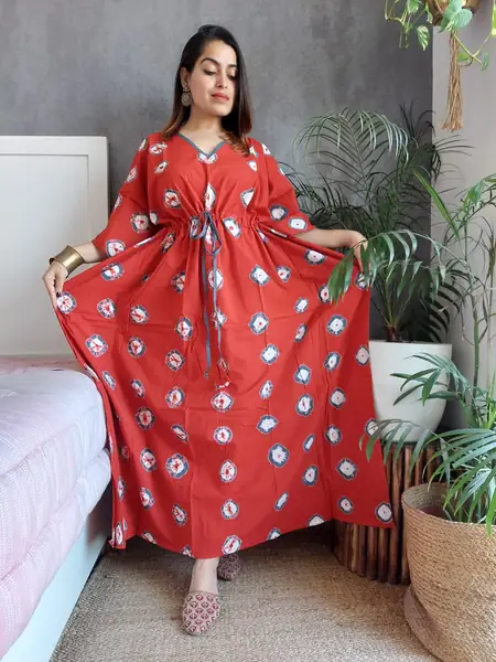 Red White Tie-Dye Dot Print Cotton Kaftan Long Dress, design CK-38
