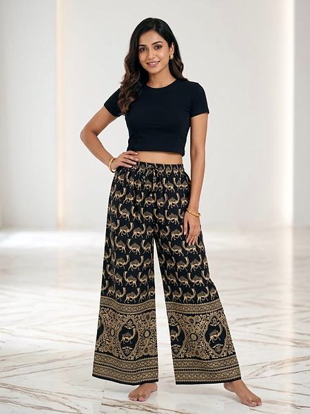 Black Gold Animal Print Cotton Palazzo - Black, Gold