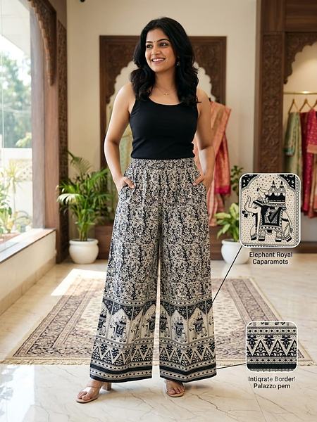 Grey Black Elephant Border Print Cotton Palazzo - Grey, Black