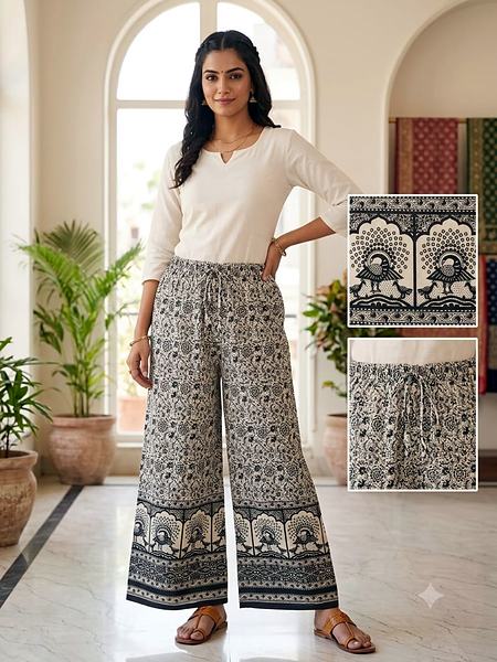 White Black Peacock Border Print Cotton Palazzo - White, Black